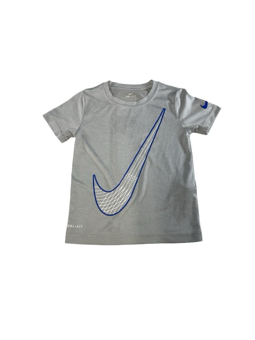 Nike Dri-FIT Boys Size 5 Gray Blue Swoosh Graphic Athletic Shirt